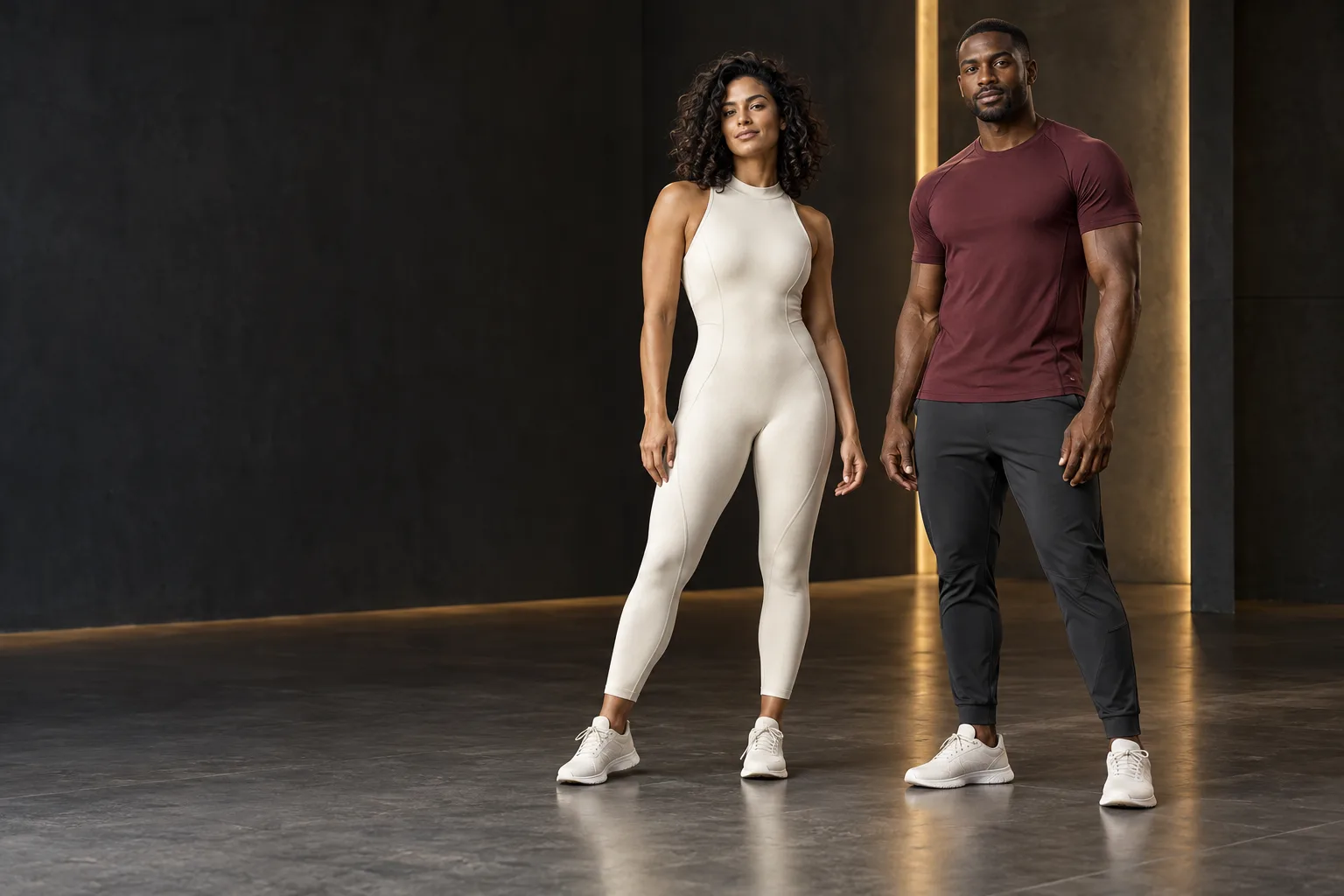 Original AI campaign concept: two adult models wearing an ivory jumpsuit and a burgundy tee with charcoal pants in a dark studio.
